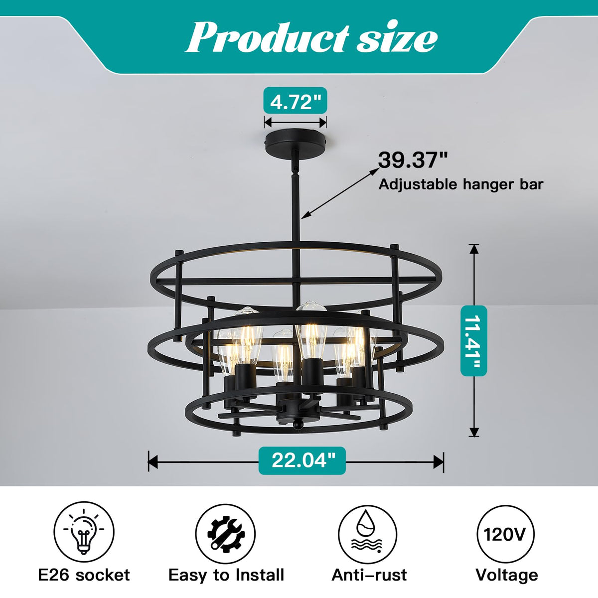 Industrial Black Chandelier 6 Light Candle Semi Flush Mount Ceiling Light (Black / chandelier)