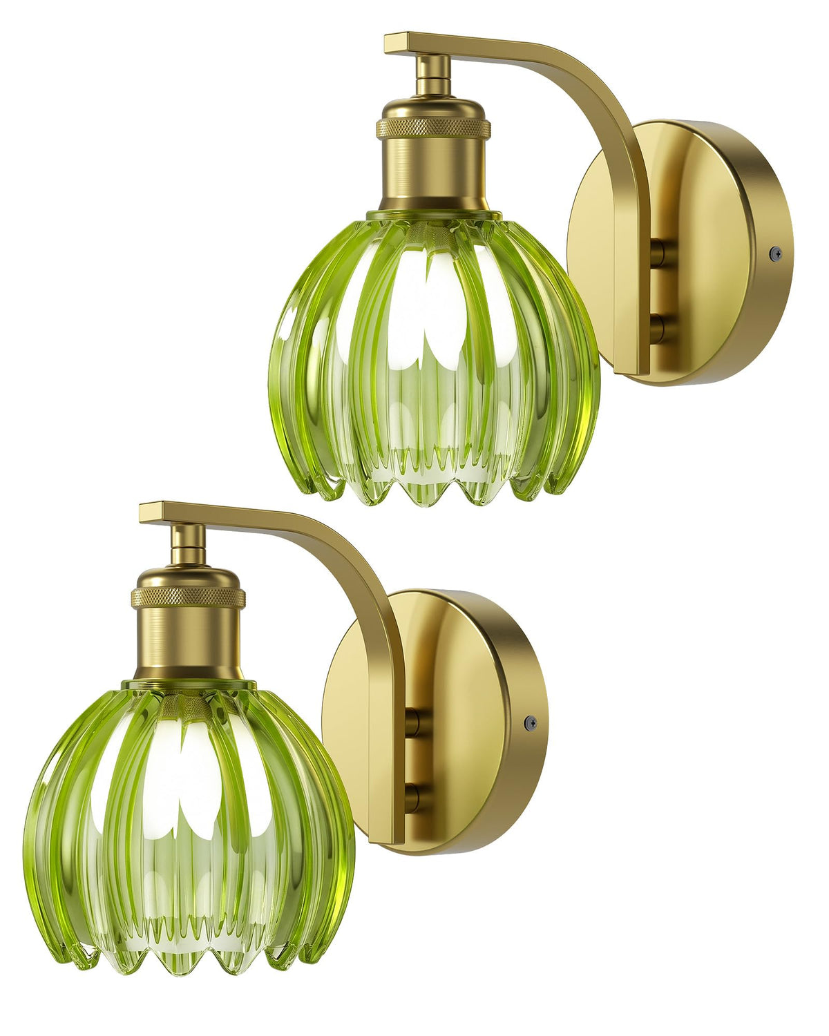 Vintage Brass Hardwired Wall Sconces with Green Tulip Glass Shade (Green)
