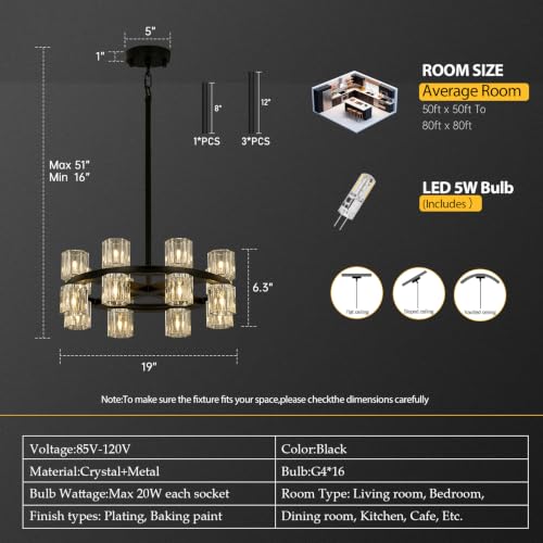 16 Lights Dia 19" Black Crystal Chandeliers for Dining Room Light Fixture (Black / Round D19'' 16-Lights)