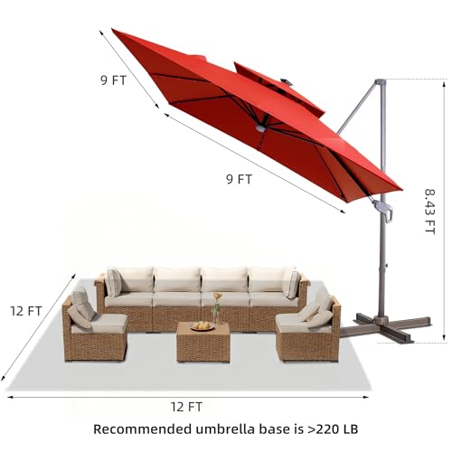 9x9 FT Cantilever Offset Patio Umbrella with Lights (Red)