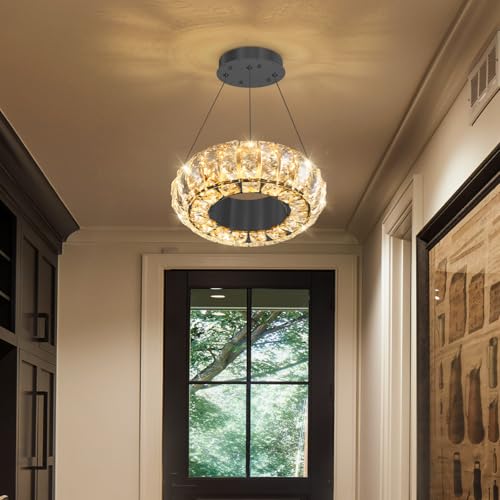 8" Ring Modern LED Dimmable Crystal Chandelier Adjustable Height Pendant Light Round Crystal Chandelier Light Fixtures for Dining Room Living Room Kitchen Island Black (Black / 1 Ring Round 8")