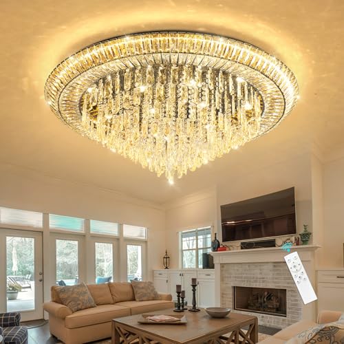 Modern LED Crystal Chandelier for Living Room Dimmable Large Ceiling Light Fixture Round Raindrop Chandeliers for Dining Room Entryway Bedroom Foyer Black (Black / W40")