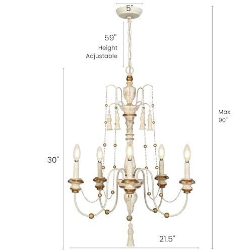 Farmhouse Chandelier (21.5" L x 30" H / Distressed Gray Wood and Gold Trim)