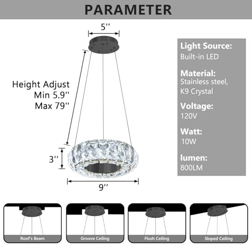 8" Ring Modern LED Dimmable Crystal Chandelier Adjustable Height Pendant Light Round Crystal Chandelier Light Fixtures for Dining Room Living Room Kitchen Island Black (Black / 1 Ring Round 8")