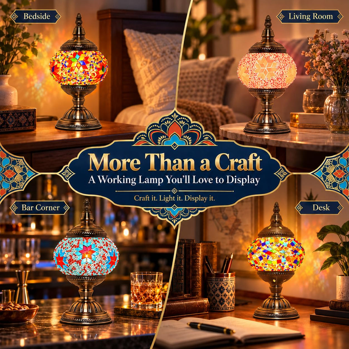 Turkish Lamp with Mosaic Kit for DIY Adults Crafts Set (Blue)