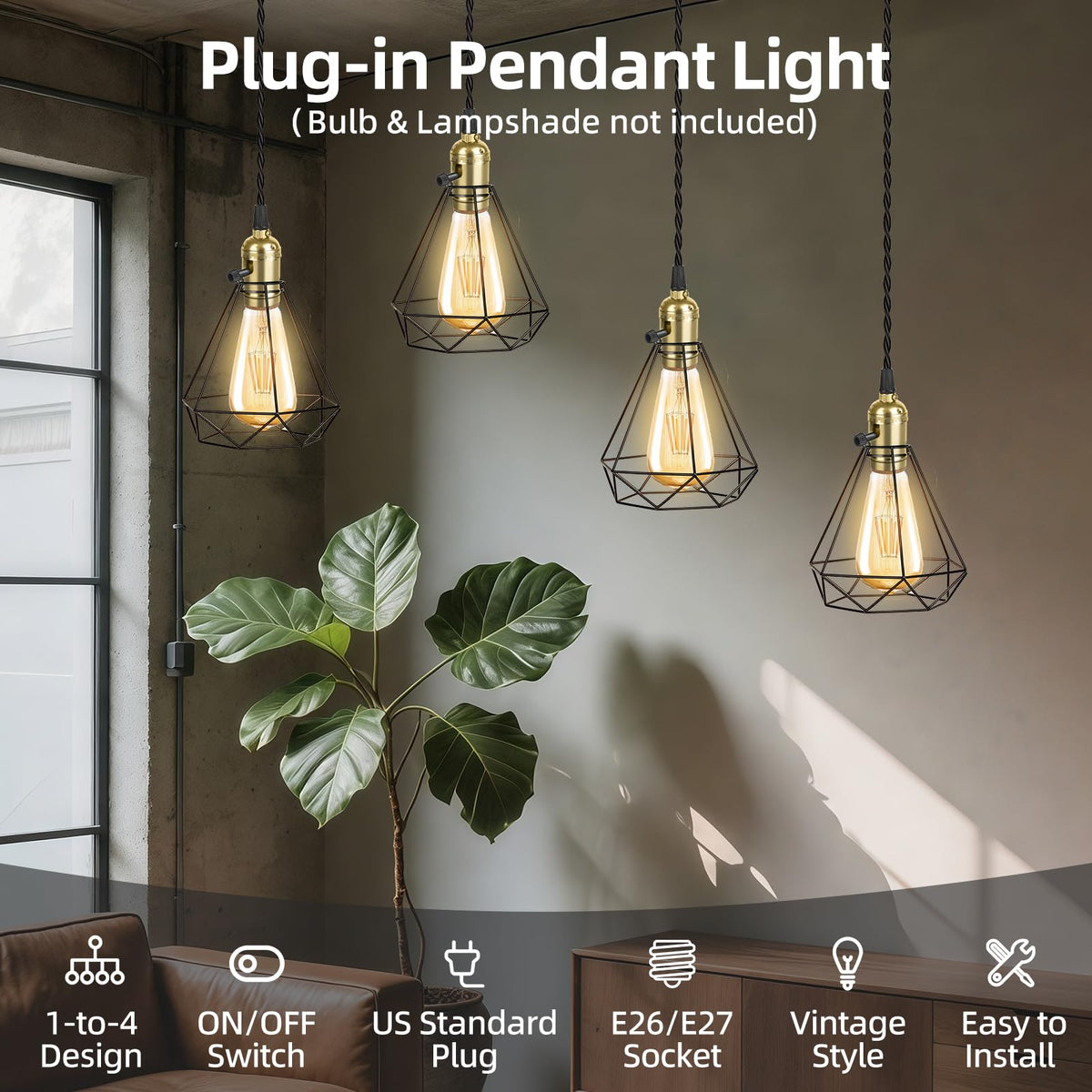 Plug in Pendant Light Cord Kit (Gold / 1 plug with 4 sockets)