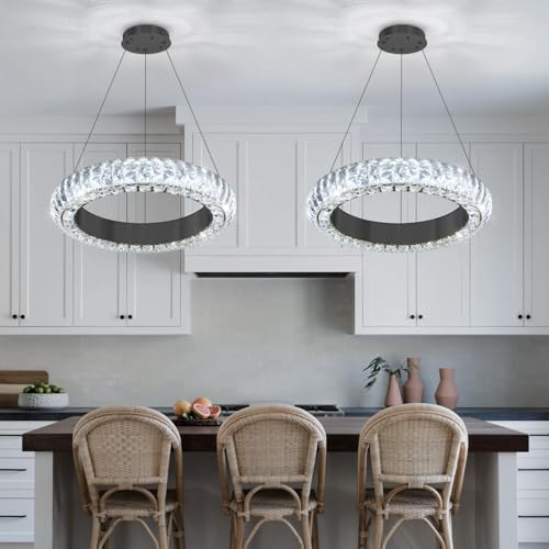 16" Ring Modern LED Dimmable Crystal Chandelier Adjustable Height Pendant Light Round Crystal Chandelier Light Fixtures for Dining Room Living Room Kitchen Island Black (Black / 1 Ring Round 16")