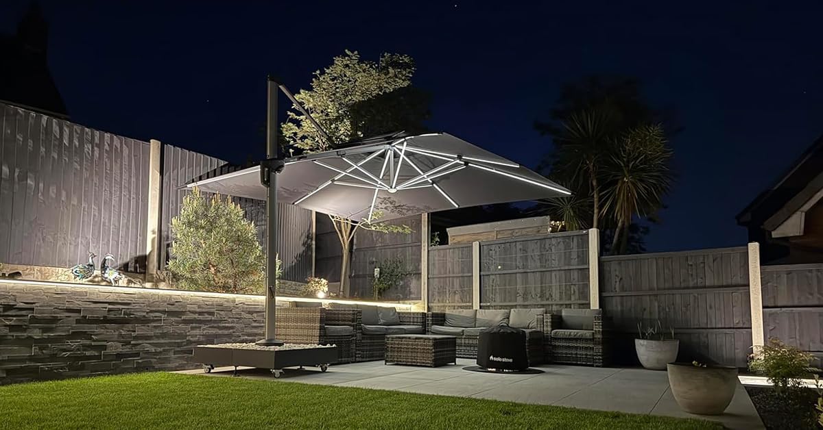 9' X 12' Solar Powered LED Rectangle Cantilever Umbrella With Base Patio Umbrellas Windproof Hanging Umbrella Outdoor Umbrellas (Grey / 9' X 12')