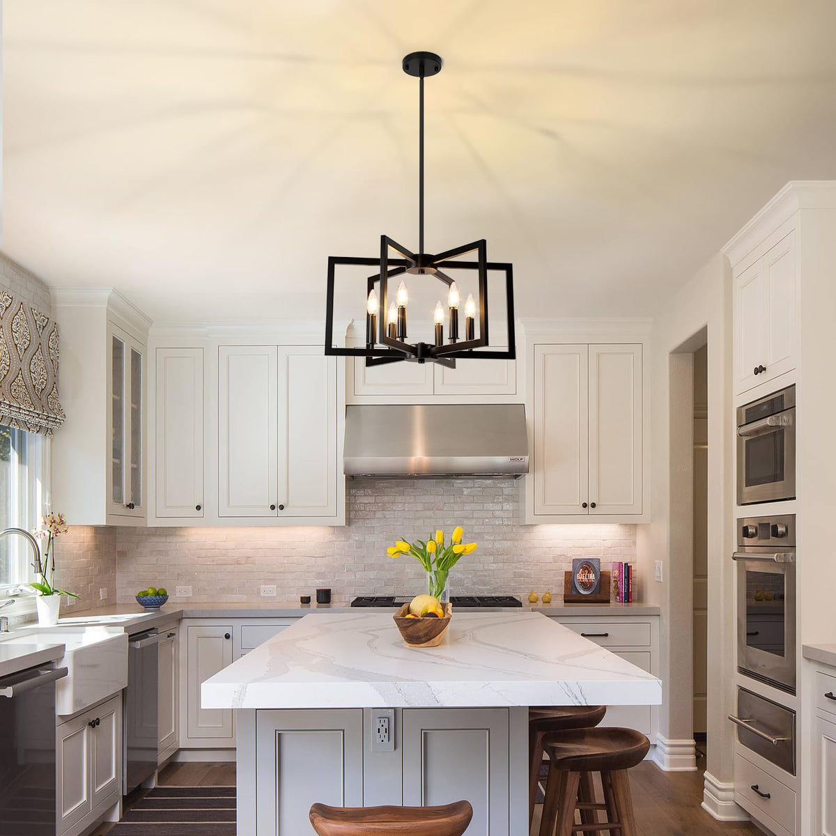 20" 62" Height Adjustable Black Kitchen Chandelier for Dining Room (Black / 6-Light)