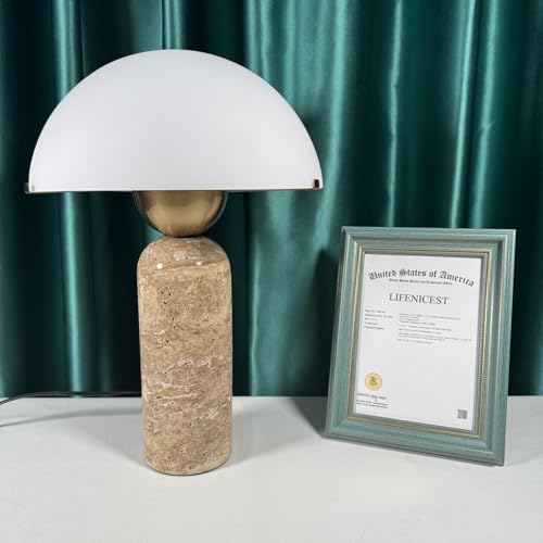 Scandinavian Modern Table Lamp Frosted Glass Shade Travertine Lamp Natural Stone Desk Lamp Mid (Yellow)