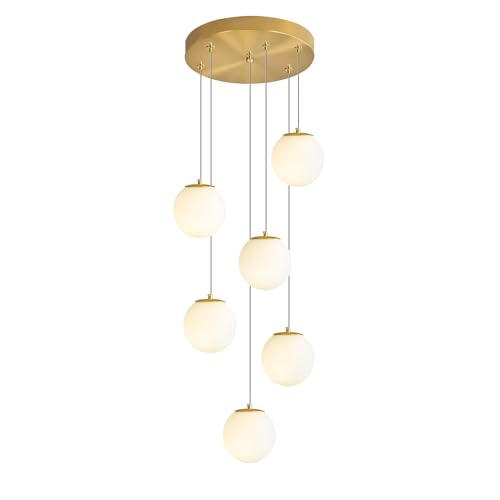 6 Light Chandelier with White Globe Glass Dimmable Ceiling Light Glass Pendant Light for Kitchen Island (Gold-White / Globe 6-Light)