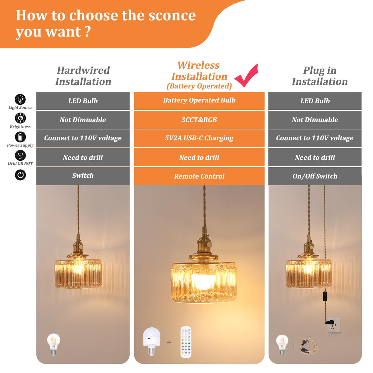 Battery Operated Pendant Light 5000mAh Rechargeable Chandelier with Remote Control Wireless Adjustable Hanging Amber Striped Light for Kitchen Island Dining Room Hallway (Z-Striped Amber new)