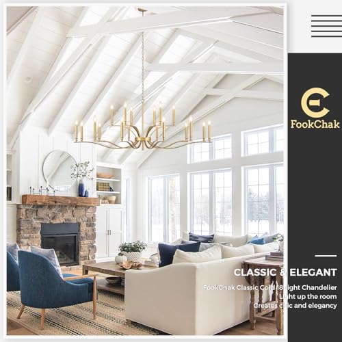 18 Light Gold Living Room Chandelier High Ceiling Foyer Candle Chandelier Large Modern Brass 59in Metal Chandeliers Hanging Light for Master Bedroom Dining Room Light Fixture Over Table (Gold / 59 inch)