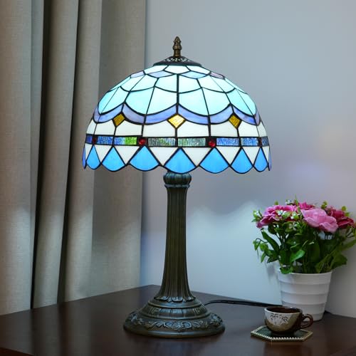 Tiffany Table Lamp Stained Glass Lamp Mediterranean Blue Bedroom Table lamp Reading Desk Light for Bedside Living Room Office Dormitory Dining Room Decorate Housewarming Gift 12X12X18 inches (Blue Mediterranean Style)