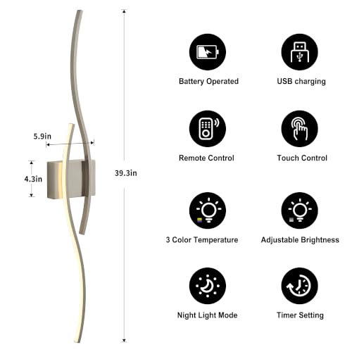 Wireless Wall Sconces Set of 2 (Nickel / 39.3 Inches (2 pack))