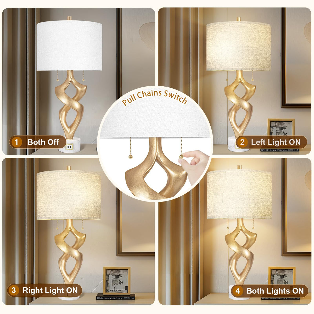 31” Tall Sculptural Table Lamp Set of 2 with USB Ports for Bedroom (31 inches Gold Leaf -028-SL)
