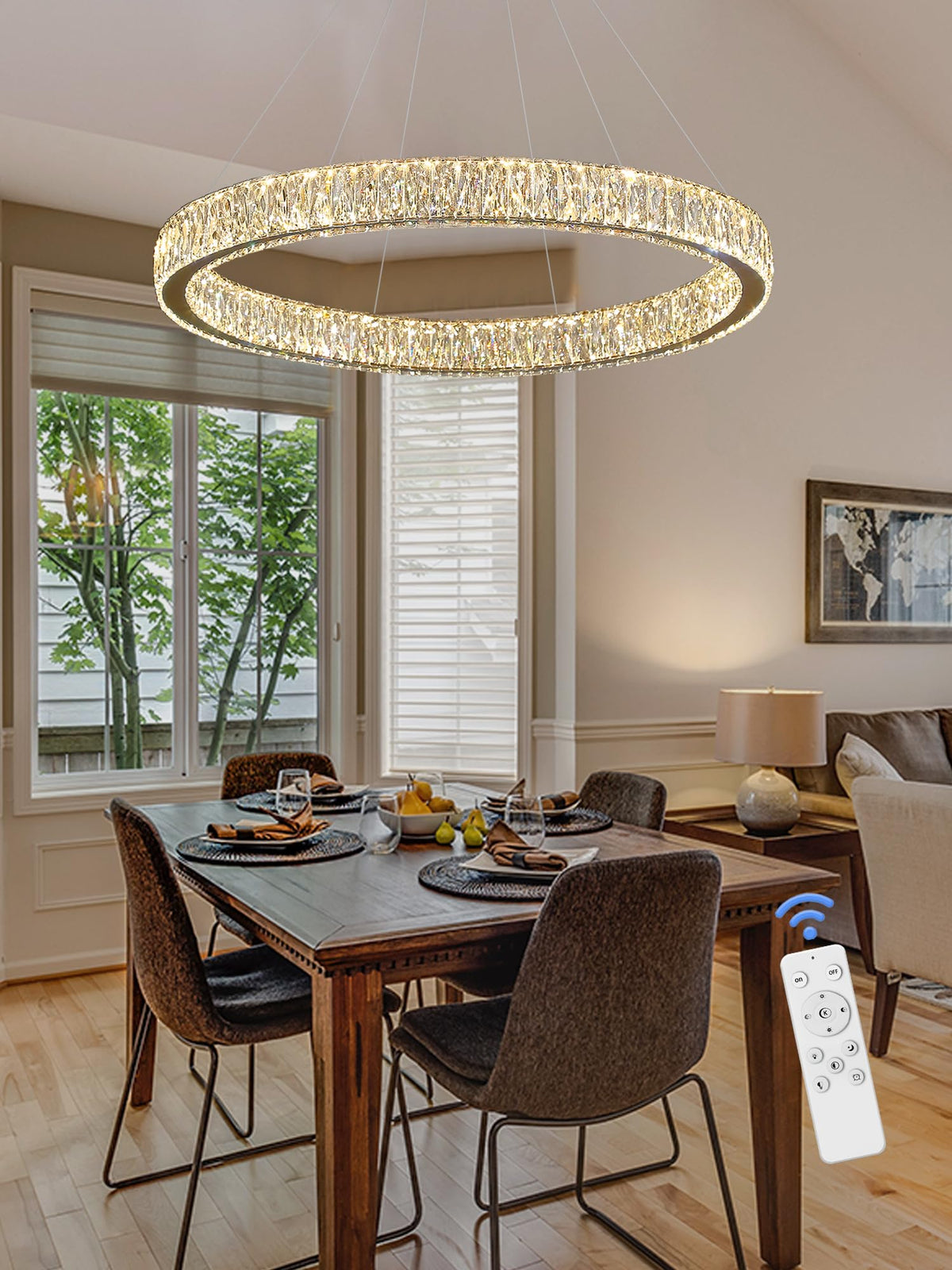 Modern LED Dimmable Crystal Chandelier 39.4" Ring Pendant Light Adjustable Gold Round Crystal Chandelier Light Fixtures for Dining Room Living Room (Gold 1 Ring 40")
