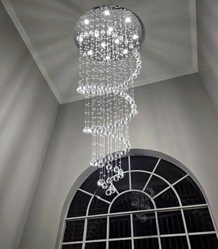 LED High Ceiling Chandelier Crystal Chandeliers Light Fixtures with Dimmable Light Bulbs Gold Living Room Foyer Chandelier Modern Pendants Lights for Entryway Staircase Silver (Silver / Spiral W32" X H78")
