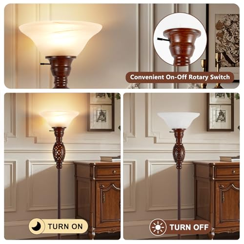 70" Torchiere Floor Lamp with NightLight & Etched Glass Shade (Brown)