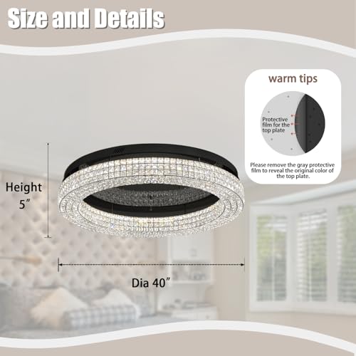 40'' Crystal Chandelier Light Fixture Large Chandelier for Living Room Crystal Flat Mounted Ceiling Lights Dining Room Bedroom Dimmable 2700 (Black / Dia 40inch)