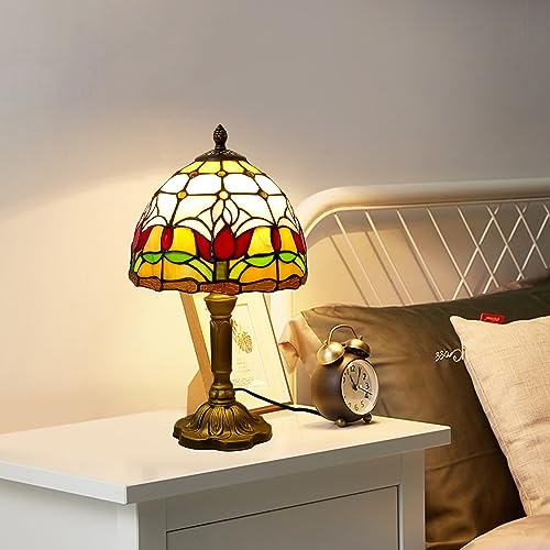 Tiffany Lamp Tulips Flower Stained Glass Table Lamp 8x8x14 Inches Flower Style Desk Reading Light Decor for Beside Bedroom Living Room Home Office with LED Bulb (Tulips)