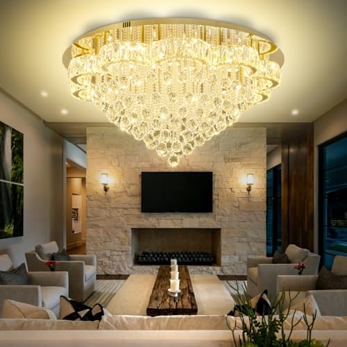 40in Modern LED Gold Chandelier for Living Room Round Crystal Ceiling Light Fixtures Flush Mount Chandeliers Ceiling Chandelier for Foyer Hallway Dining Room (Gold / 40inch)