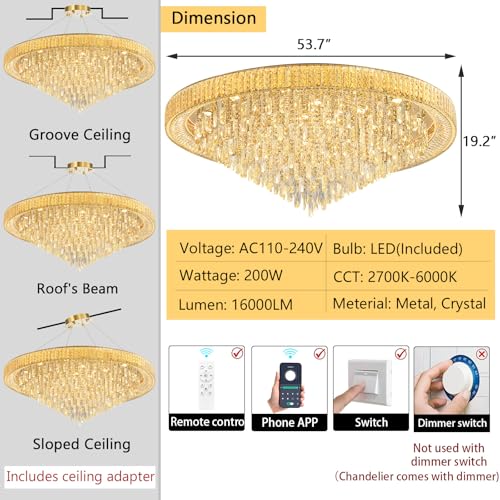 53.7" Modern Crystal Big Large Chandeliers LED Dimmable Flush Mount Ceiling Chandeliers for Living Room High Ceiling Entrance Foyer Lobby Bedroom Gold (Gold / 53.7" Width)