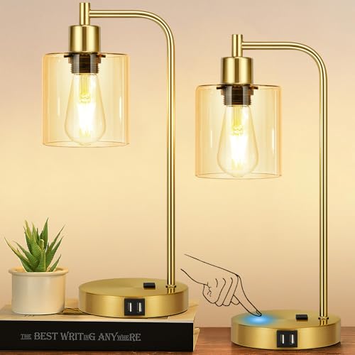 Set of 2 Industrial Touch Control Table Lamps with 2 USB Ports and AC Outlet