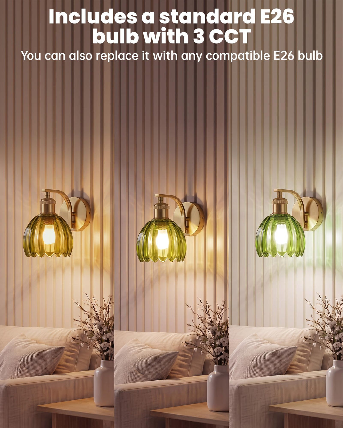 Vintage Brass Hardwired Wall Sconces with Green Tulip Glass Shade (Green)