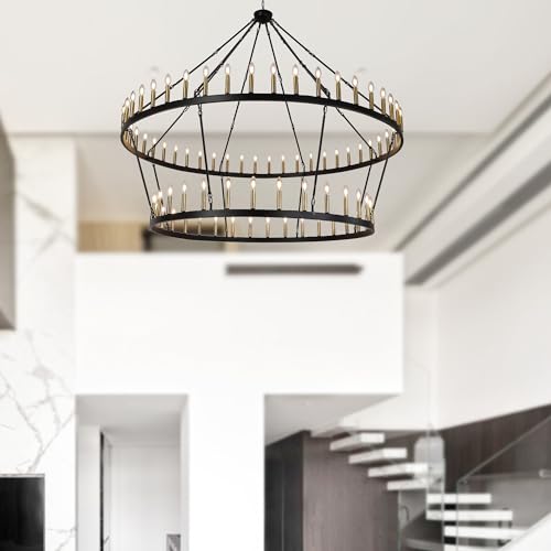 Rustic Farmhouse Wagon Wheel Chandelier Black+Brushed Brass Large Chandeliers for High Ceilings 2 Tier 80Lights 78.7 Inch for Dining Room Living Room Foyer Porch Kitchen Island (Black+Brushed Brass...