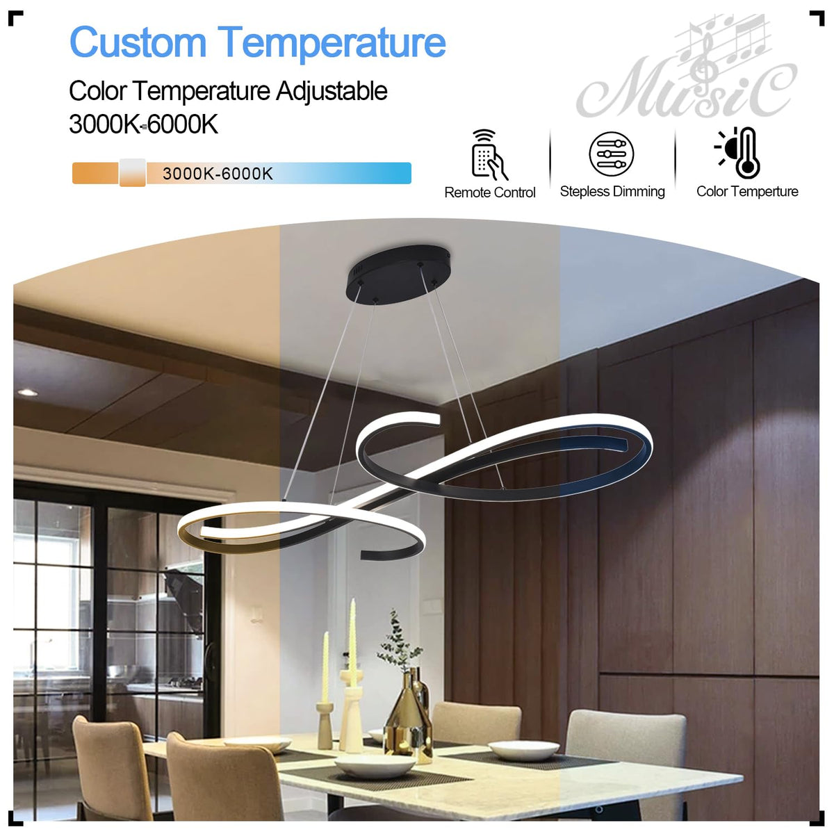 Black Modern Led Chandelier Dimmable Pendant Light Fixture (Black / 39.37in)