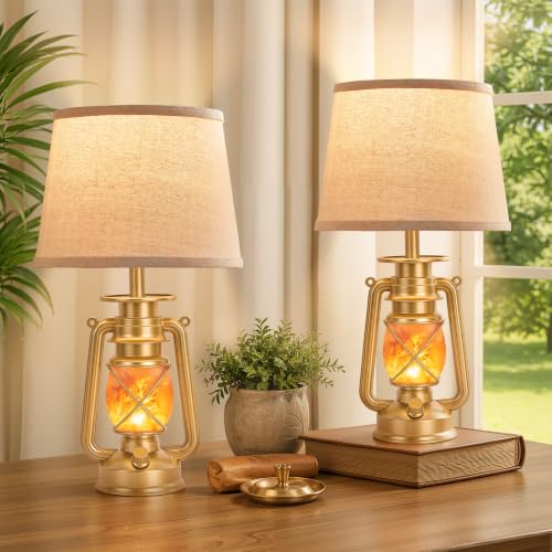 18.72" Antique Gold LED Lantern Flickering Flame Table Lamps for Bedrooms Set of 2 (Antique Gold)