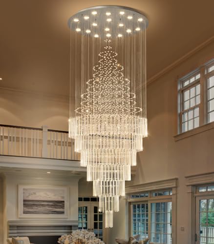 W40 x H120 Glam Chandelier with LED Bulbs Crystal Raindrop High Ceiling Pendant Light for Entrance Large Villa Chandelier Foyer Lighting Fixtures Silver (Silver / Round W40" X H118")