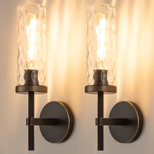 15" Knurled‑Craft Hardwired Black Gold Wall Sconce (Black-Water Ripples / 15″-2 Pack)