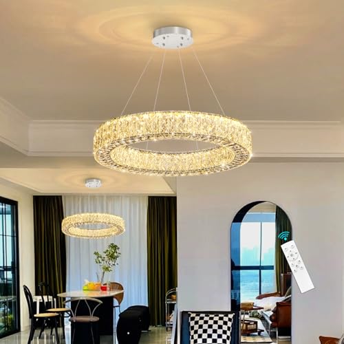 24 Inch Chandelier Glam Dimmable Crystal Chandeliers Luxury Remote Ceiling Pendants Lighting Fixtures for Dining Room Bedrooms Chrome (Silver / Ring 24")