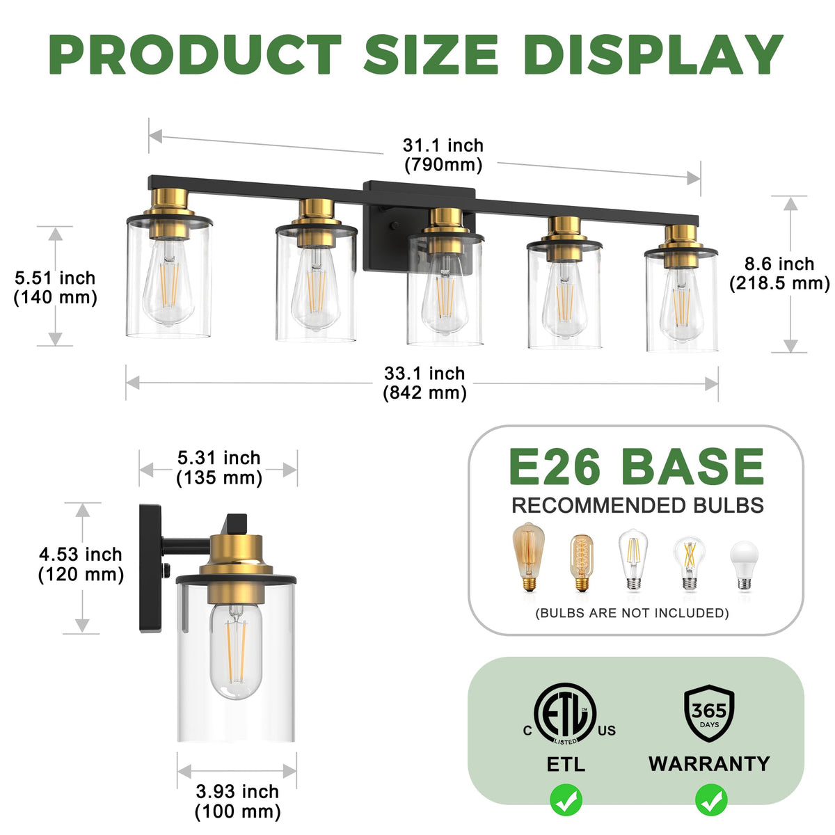 5 Light Black Gold Bathroom Light Fixture Over Mirror (Black and Gold / 5-Light)