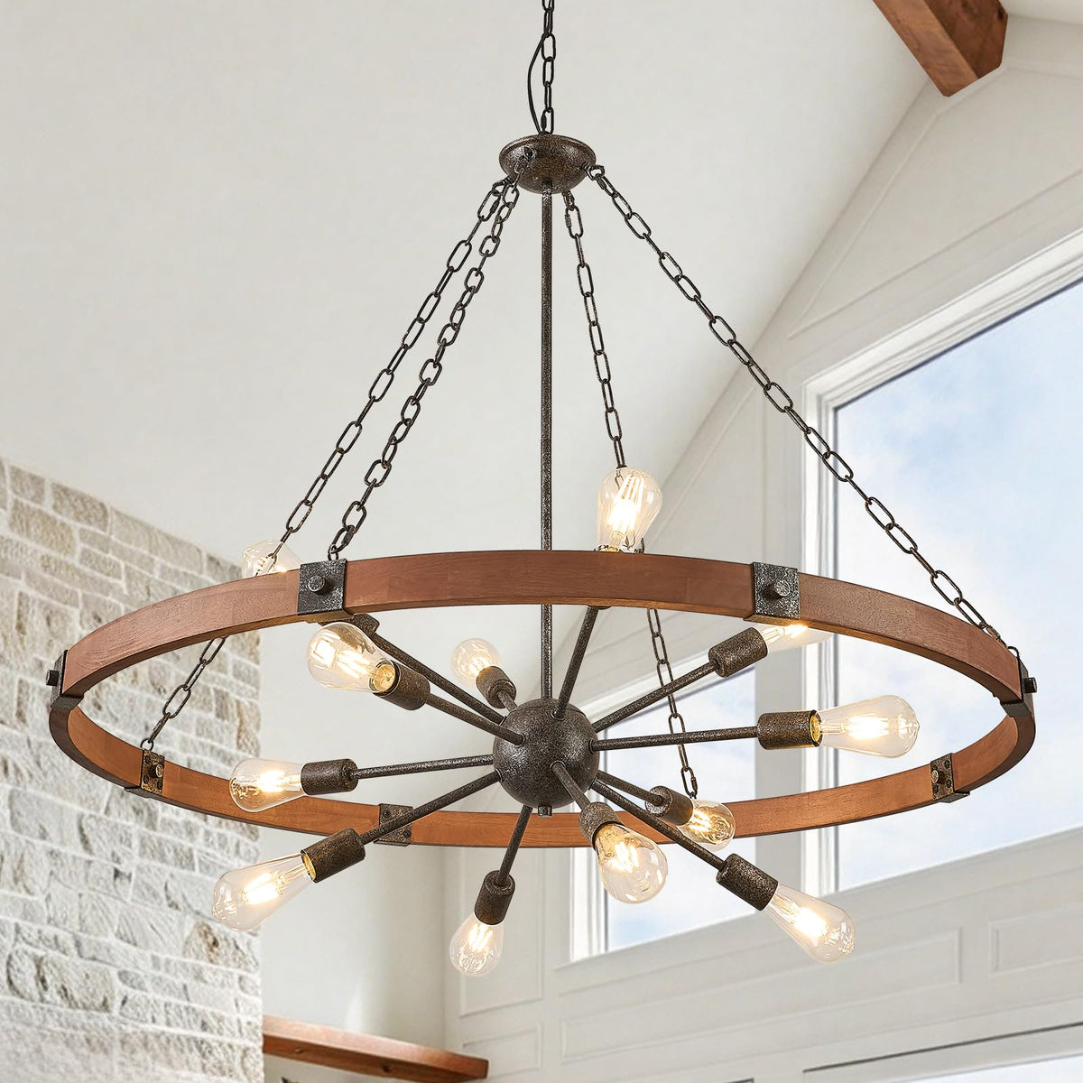 Farmhouse Wagon Wheel Chandelier 43" Wooden Chandelier Light Fixture (Walnut / 43 inch 12-Light)