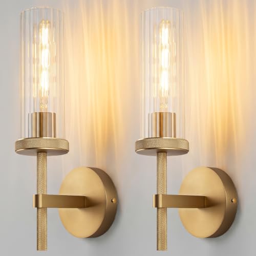 15" Knurled Gold Hardwired Wall Sconces Set of 2 (Vertical Striped / 15″-Gold)