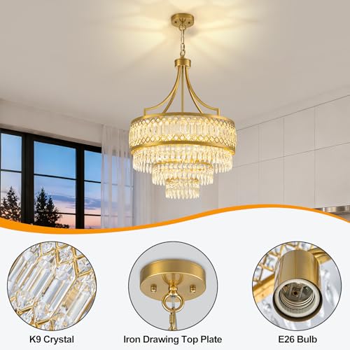 20'' Modern Gold Crystal Chandeliers Kitchen Island Light Fixture Crystal Glass Pendant Light for Dining Room Foyer Entryway Bedroom Hallway Kitchen Bar (Gold)