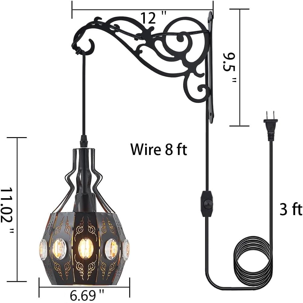2PK Crystal Plug in Wall Sconce Hanging Lamp Shelf Dimmable Wall Sconces Adjustable Wall Lights with Wall Sconces Wall Mount Plug in Lamps for Bedroom Living Room (YLW13black)