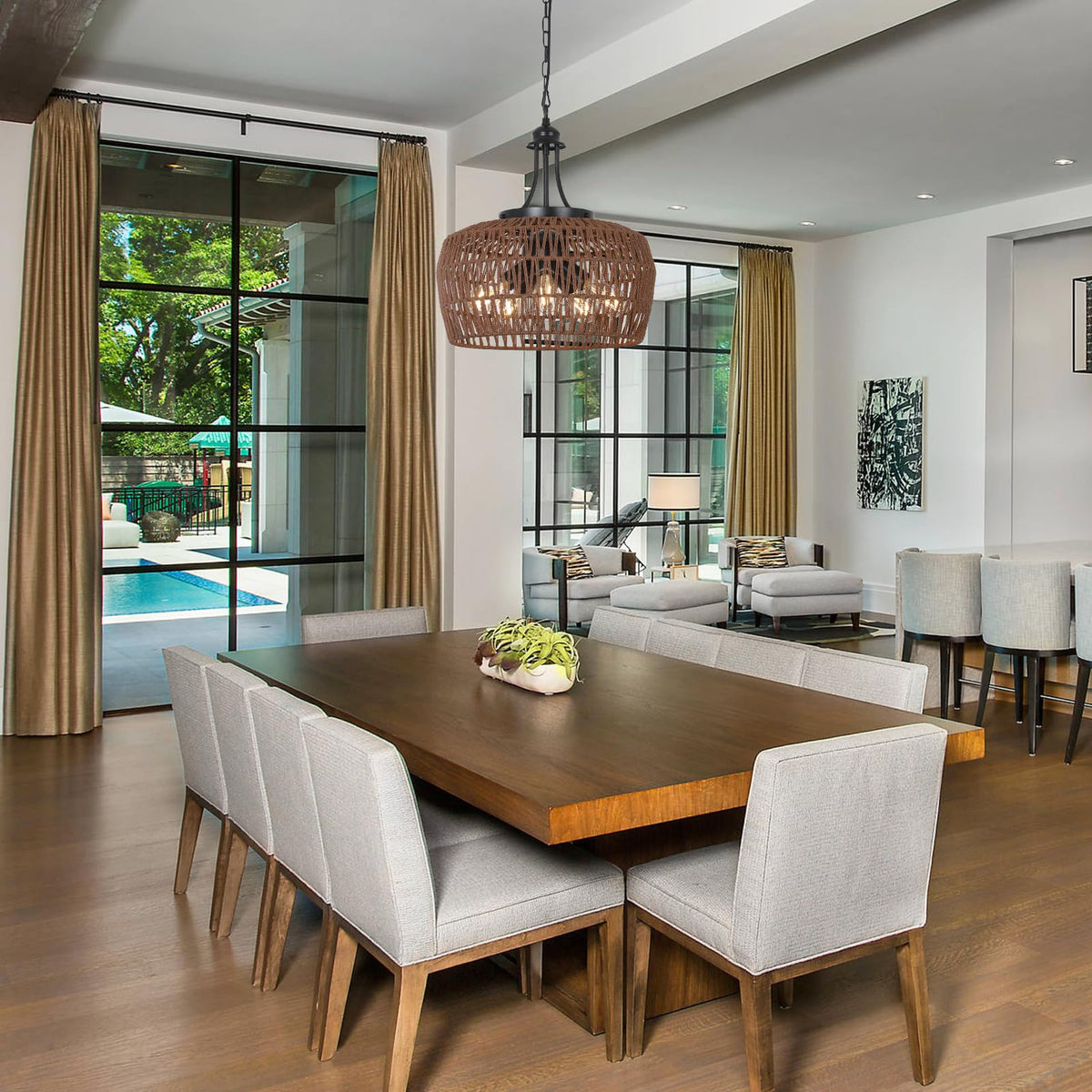 Coffee Rattan Chandeliers for Dining Room (Coffee / 5-Lights (D)18.1 in)