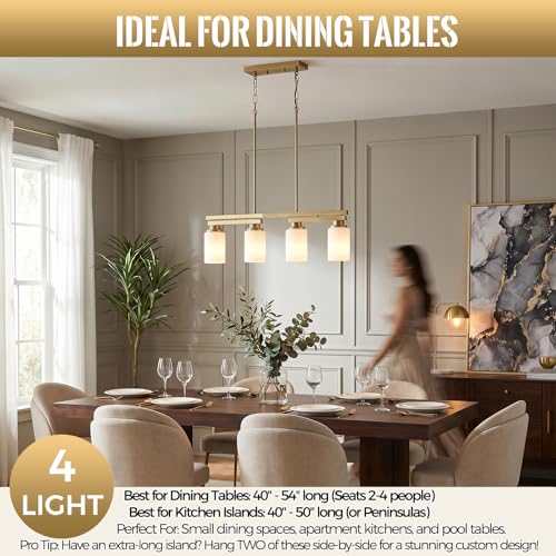 4 Light Brushed Gold Linear Chandelier (Gold+Milk Glass / 4 Light)