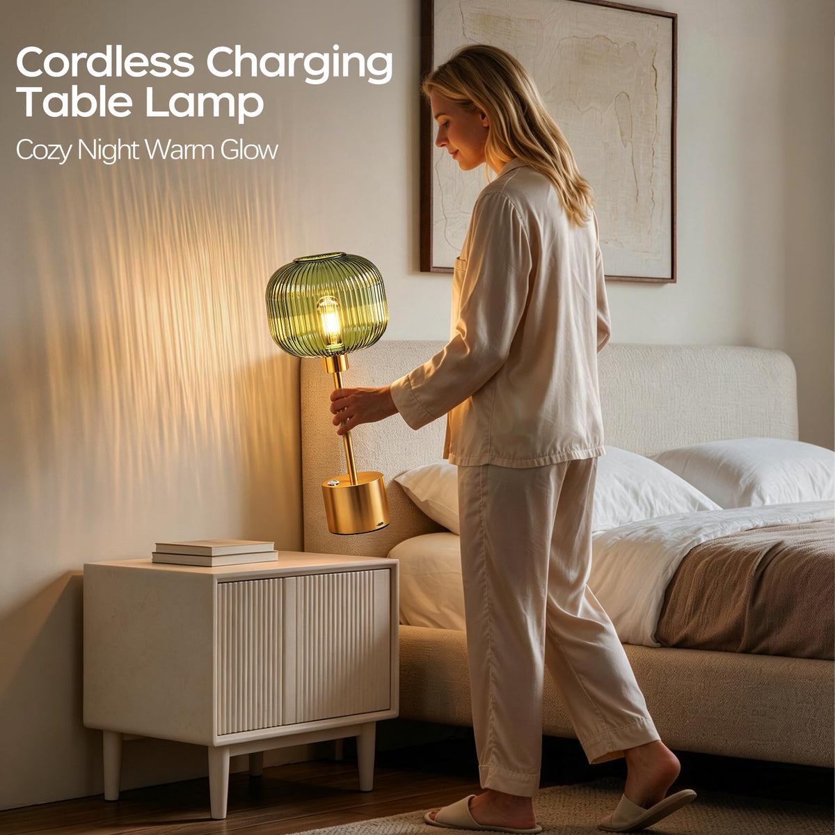 Rechargeable Cordless Glass Table Lamp for Living Room (Brushed gold & green 2)