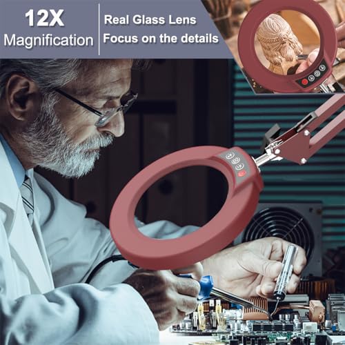 12X Magnifying Glass with Light and Stand (Red / 12X 17.8inch Base & Clamp)