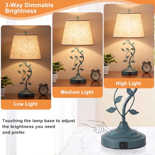 Touch Lamps for Nightstand (7-Beige Shade & Green Base)