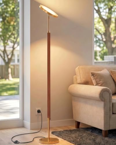 Wood LED Torchiere Floor Lamp with Remote (Walnut Wood & Brushed Brass)