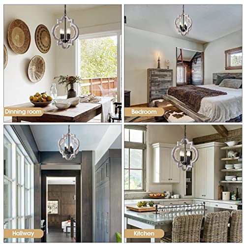 4 Light 15" Farmhouse Orb Chandelier Rustic Handmade Distressed White Wood Hanging Ceiling Pendant Light Fixture Wood Lantern Chandeliers for Dining Room Kitchen Bedroom Foyer Hallway (Textured-White / D15" x H17" 4-Light)
