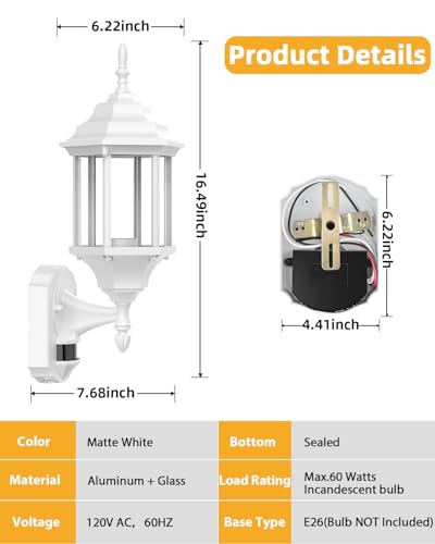 Motion Sensor Outdoor Wall Light Fixtures (2 Pack - White)