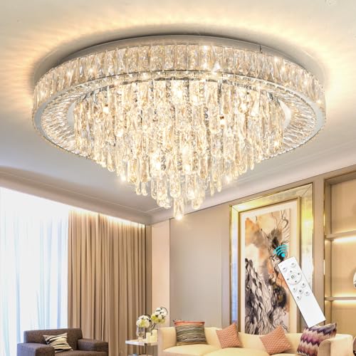 Modern Chandeliers for Living Room Crystal Ceiling Light Fixture LED Dimmable Lamp with Remote Pendant Lighting Flush Mount Ceiling Lighting for Dining Room Bedrooms (Silver / 31.5" Width)