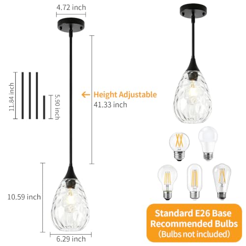 Black Pendant Lights Kitchen Island Hammered Glass Light Fixture (1 Pack Black)